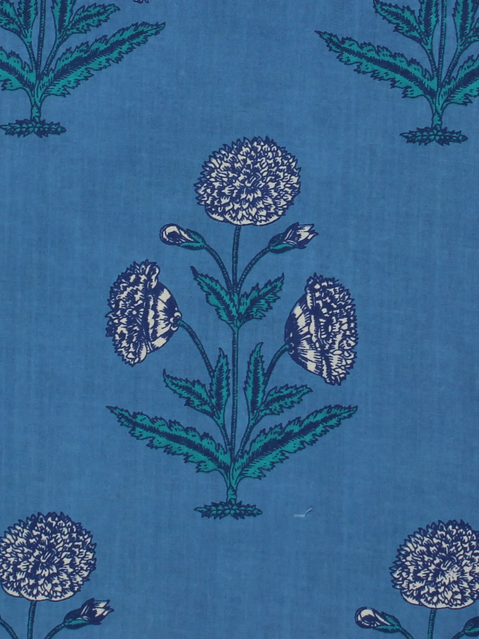 Blue White Green Hand Block Printed Cotton Fabric Per Meter - F001F2040