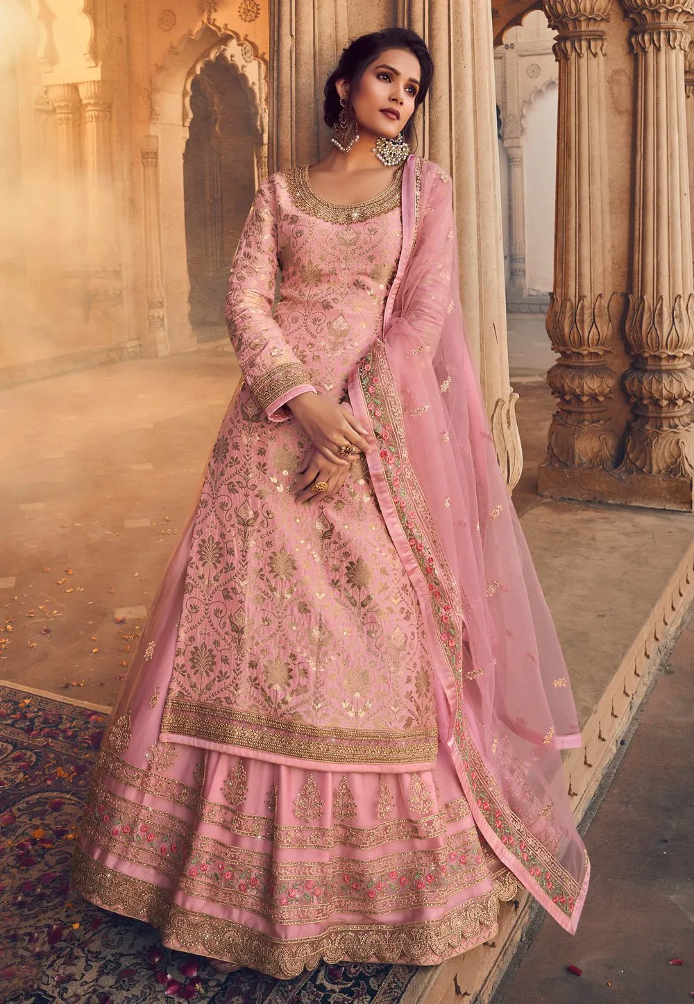 Blush Pink Zari Embroidered Lehenga Style Suit