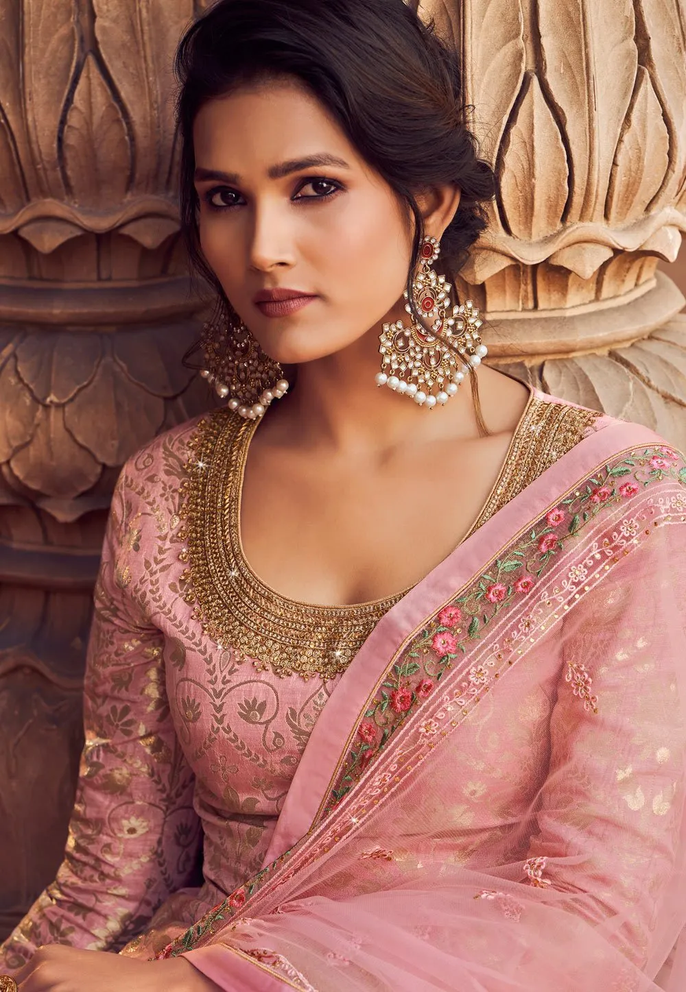 Blush Pink Zari Embroidered Lehenga Style Suit