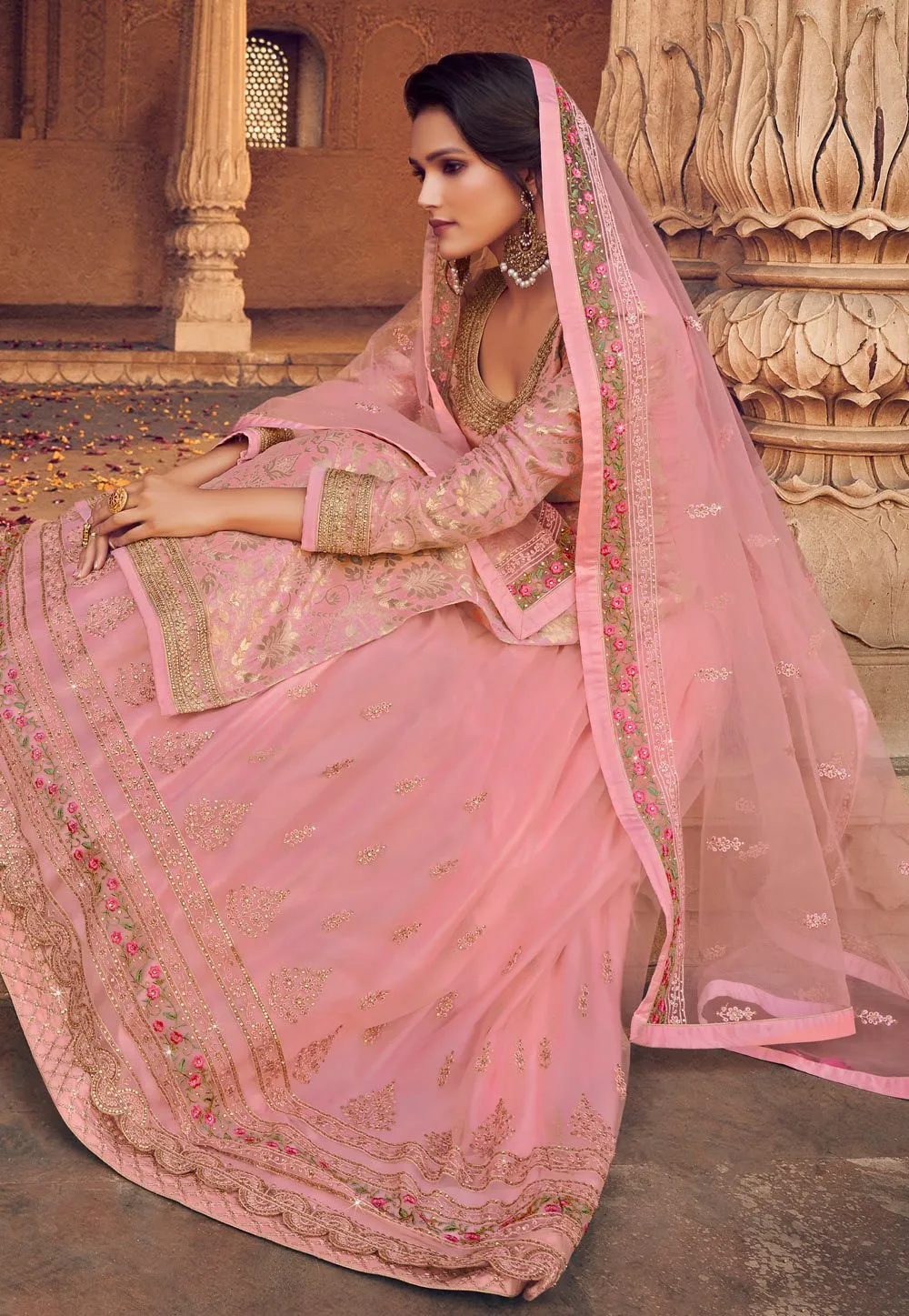 Blush Pink Zari Embroidered Lehenga Style Suit