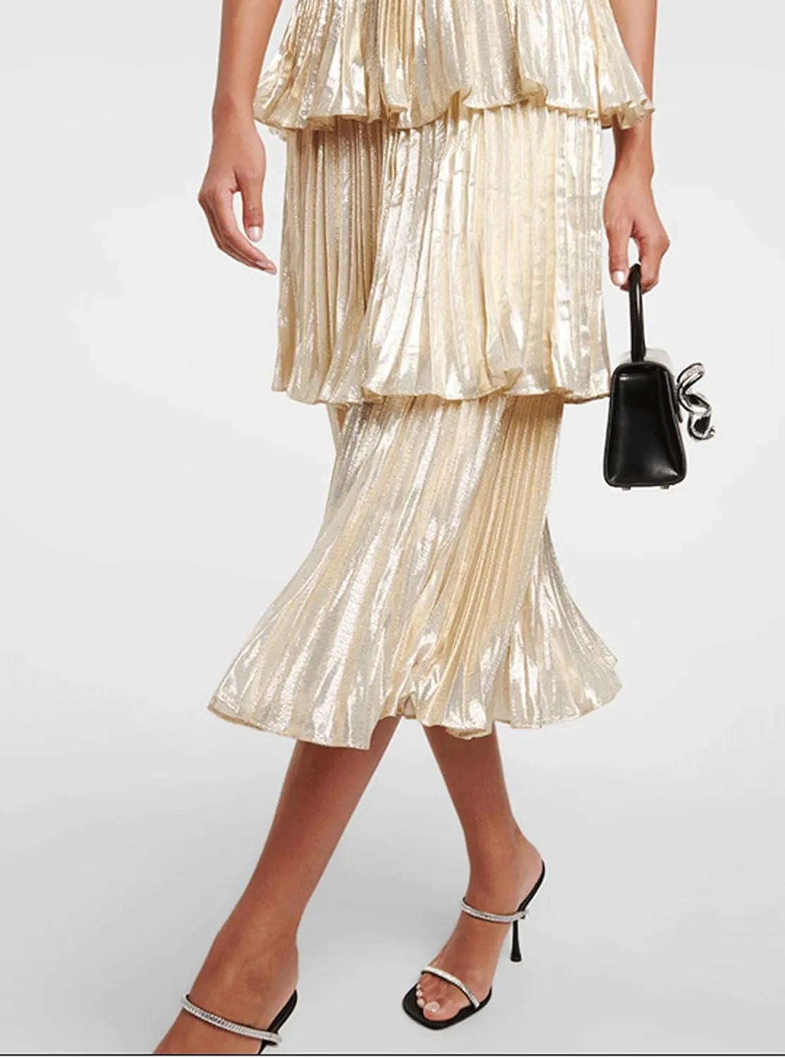 CHARTOU Women's Tiered Mid Long Dress Spaghetti Strap Sleeveless Dress Square Neck Pleated Layer Party Dress
