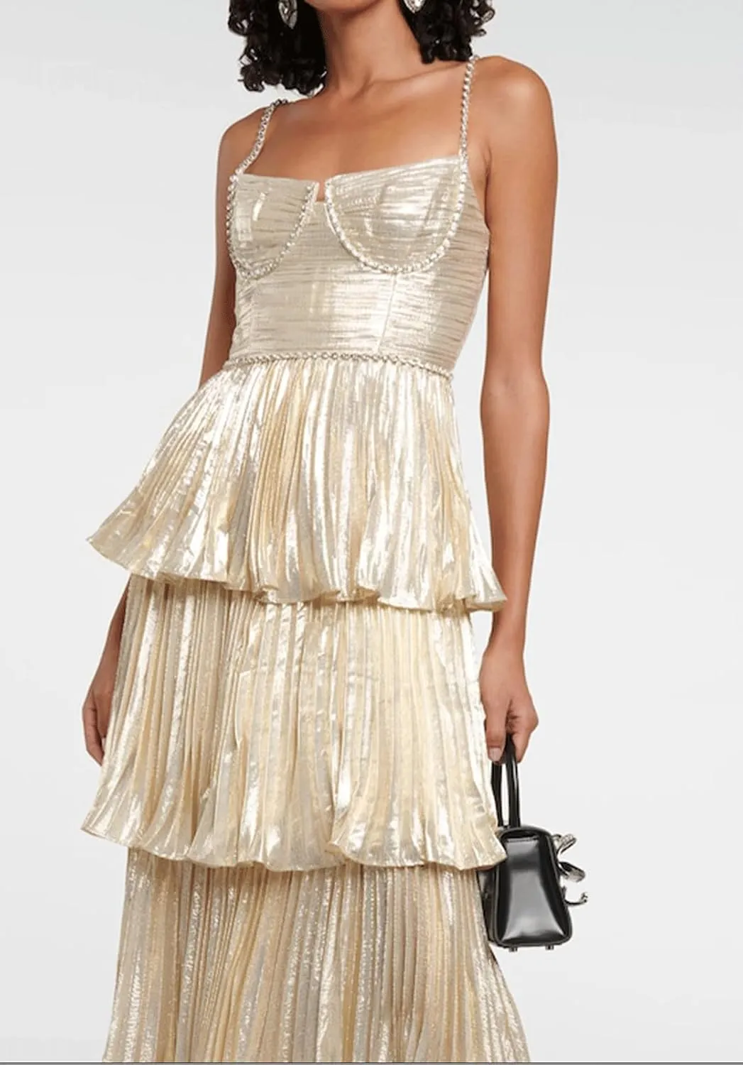 CHARTOU Women's Tiered Mid Long Dress Spaghetti Strap Sleeveless Dress Square Neck Pleated Layer Party Dress