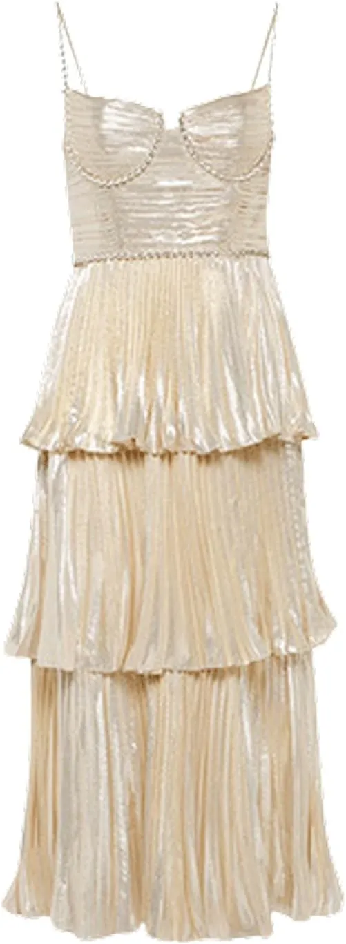 CHARTOU Women's Tiered Mid Long Dress Spaghetti Strap Sleeveless Dress Square Neck Pleated Layer Party Dress