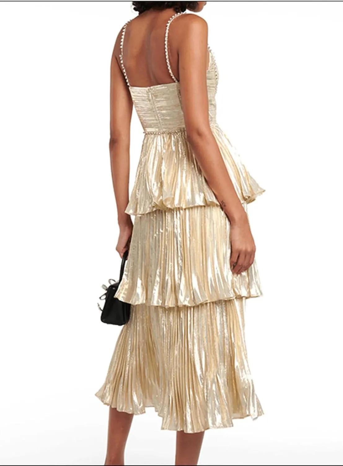 CHARTOU Women's Tiered Mid Long Dress Spaghetti Strap Sleeveless Dress Square Neck Pleated Layer Party Dress