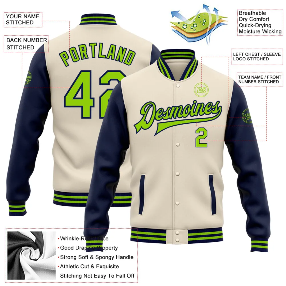 Custom Cream Neon Green-Navy Bomber Full-Snap Varsity Letterman Two Tone Jacket