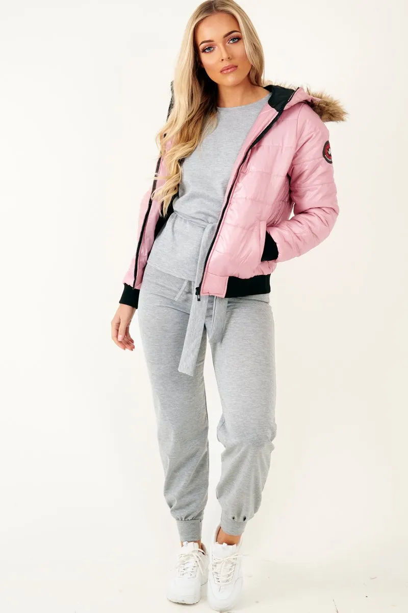 Dusky Pink Faux Fur Hooded Puffer Coat - Kamorah