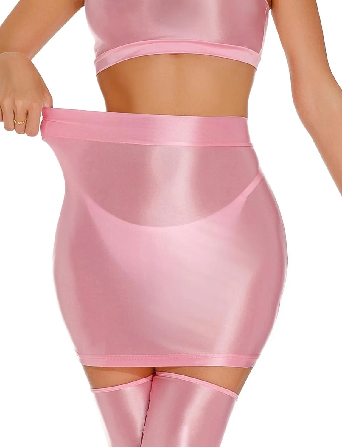 FEOYA Womens Oil Shiny Bodycon Skirts Silky Smooth Pencil Mini Skirts Sexy Glossy Hot Skirts Club Party