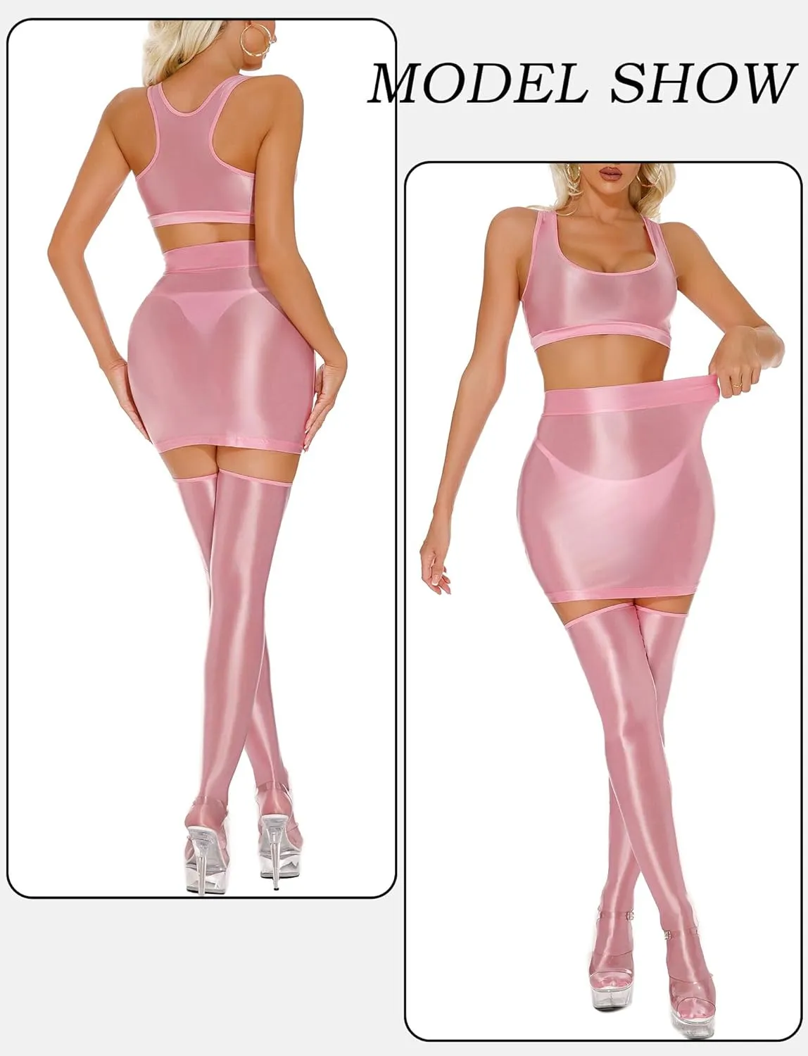 FEOYA Womens Oil Shiny Bodycon Skirts Silky Smooth Pencil Mini Skirts Sexy Glossy Hot Skirts Club Party