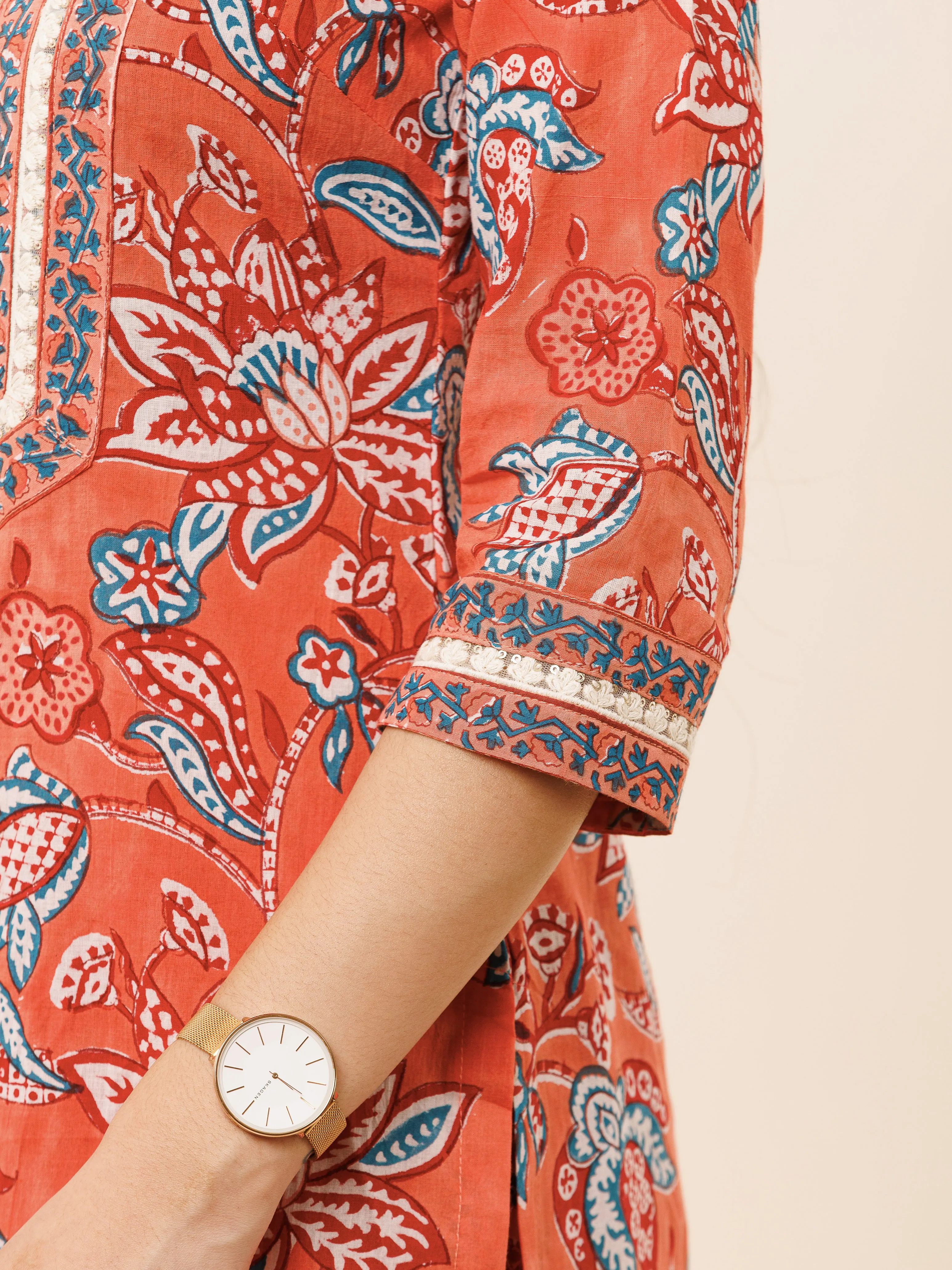 Hand Block Printed Cotton Fabric Per Meter - F001F2749