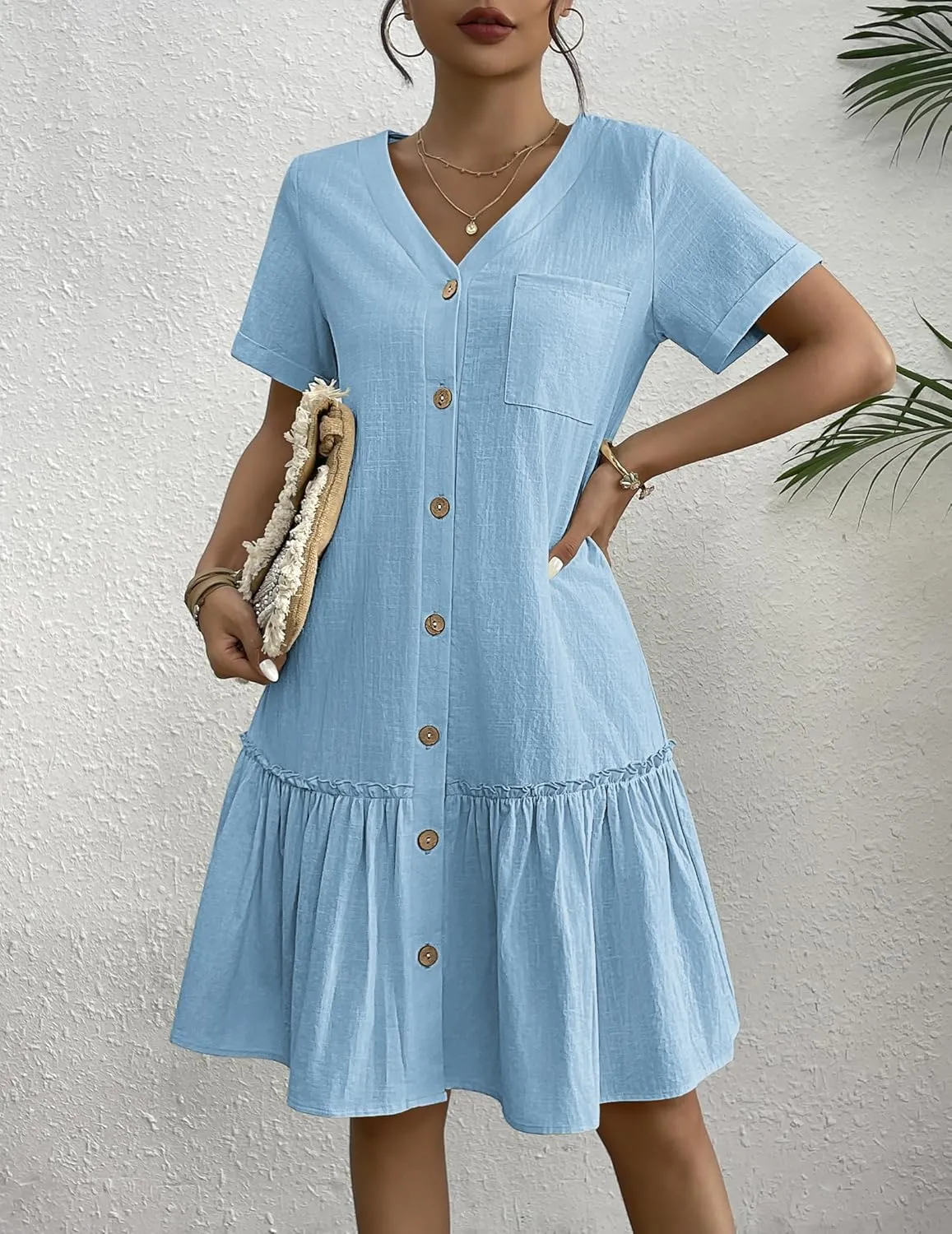 HOTOUCH Women Button Down Dress Loose Summer Cotton Linen Dress Ruffle Hem Casual Dress Short Sleeve Tunic Dress