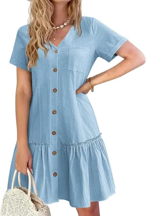 HOTOUCH Women Button Down Dress Loose Summer Cotton Linen Dress Ruffle Hem Casual Dress Short Sleeve Tunic Dress