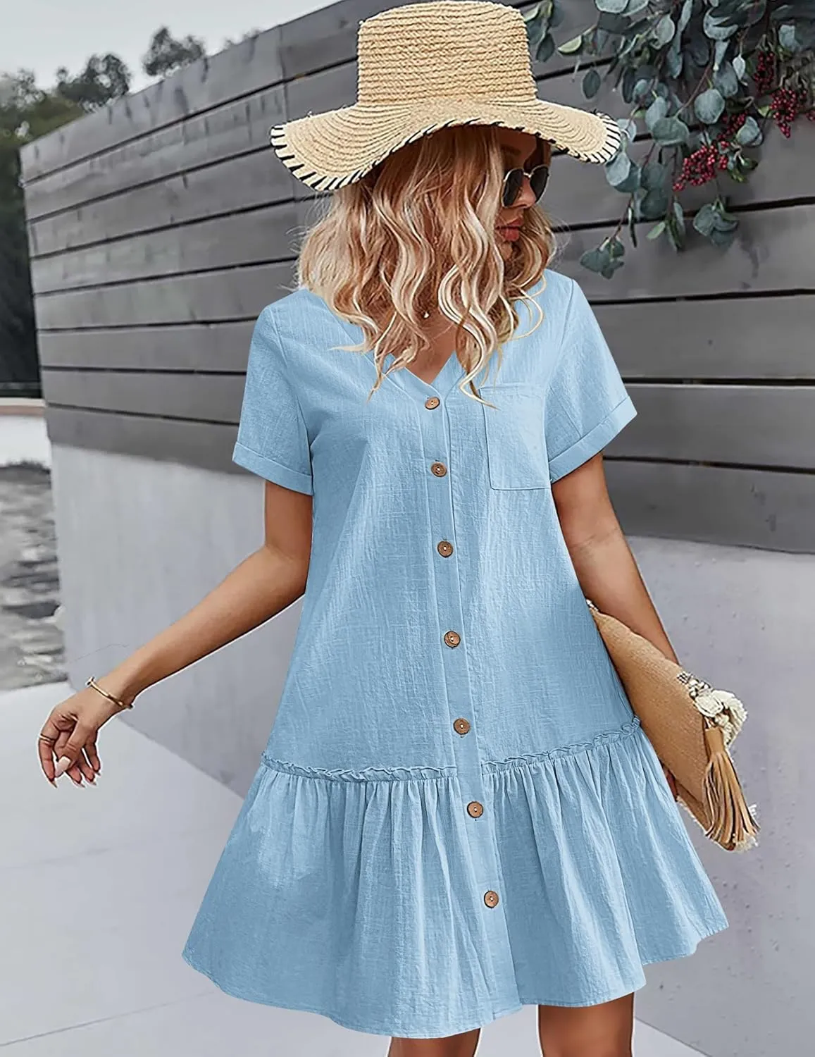 HOTOUCH Women Button Down Dress Loose Summer Cotton Linen Dress Ruffle Hem Casual Dress Short Sleeve Tunic Dress