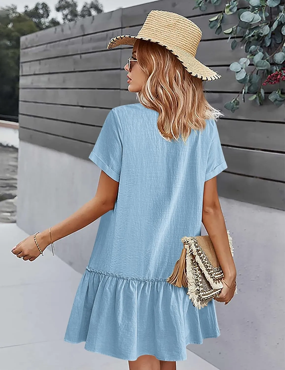 HOTOUCH Women Button Down Dress Loose Summer Cotton Linen Dress Ruffle Hem Casual Dress Short Sleeve Tunic Dress