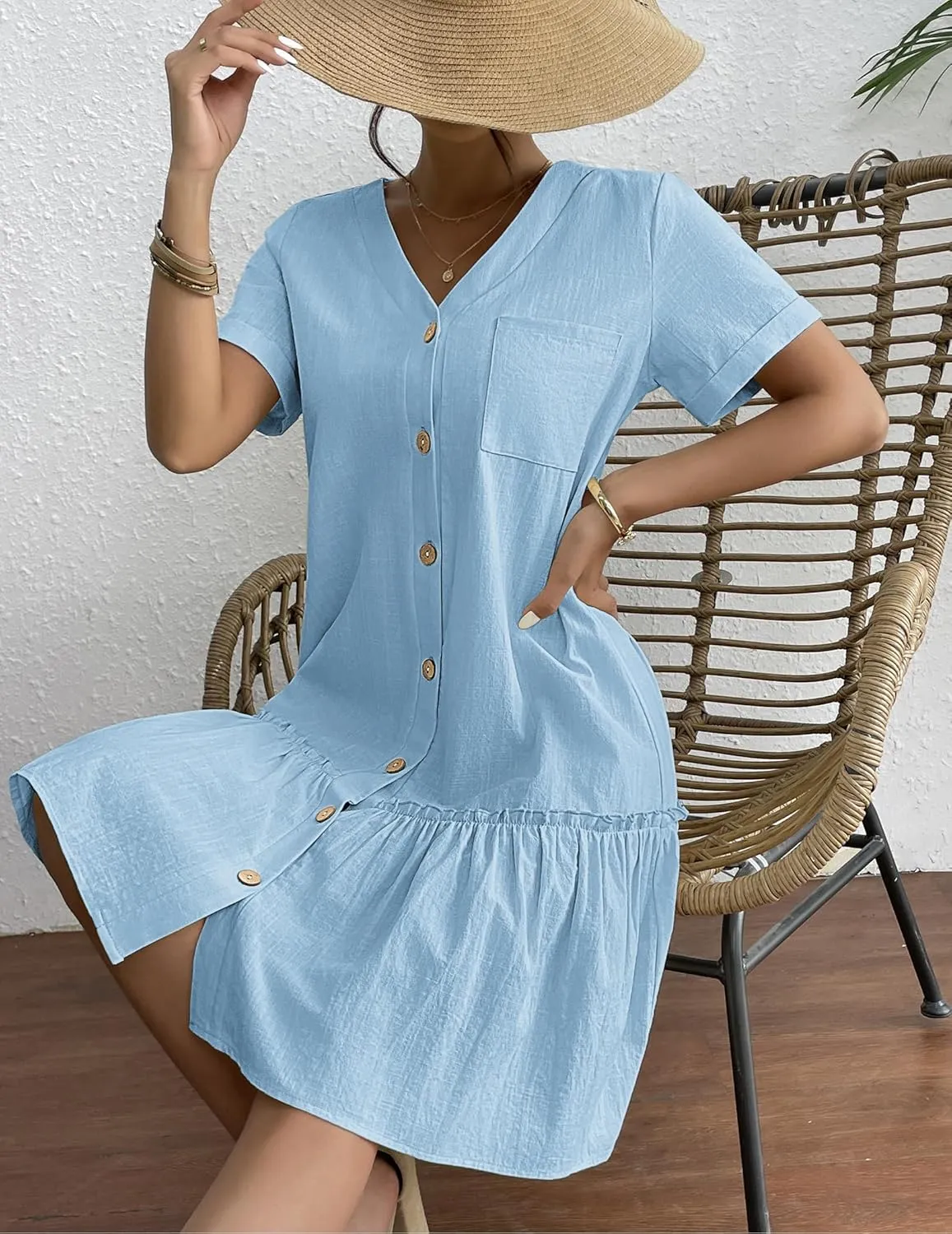 HOTOUCH Women Button Down Dress Loose Summer Cotton Linen Dress Ruffle Hem Casual Dress Short Sleeve Tunic Dress