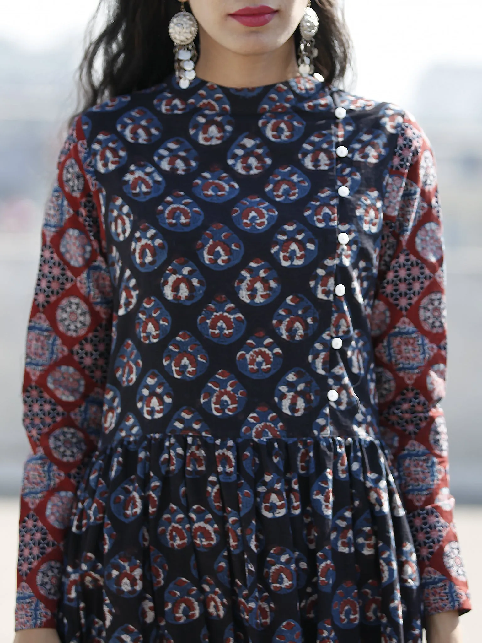Indigo Plum Hand Block Printed Cotton Long Dress With Stand Collar - D194F1222
