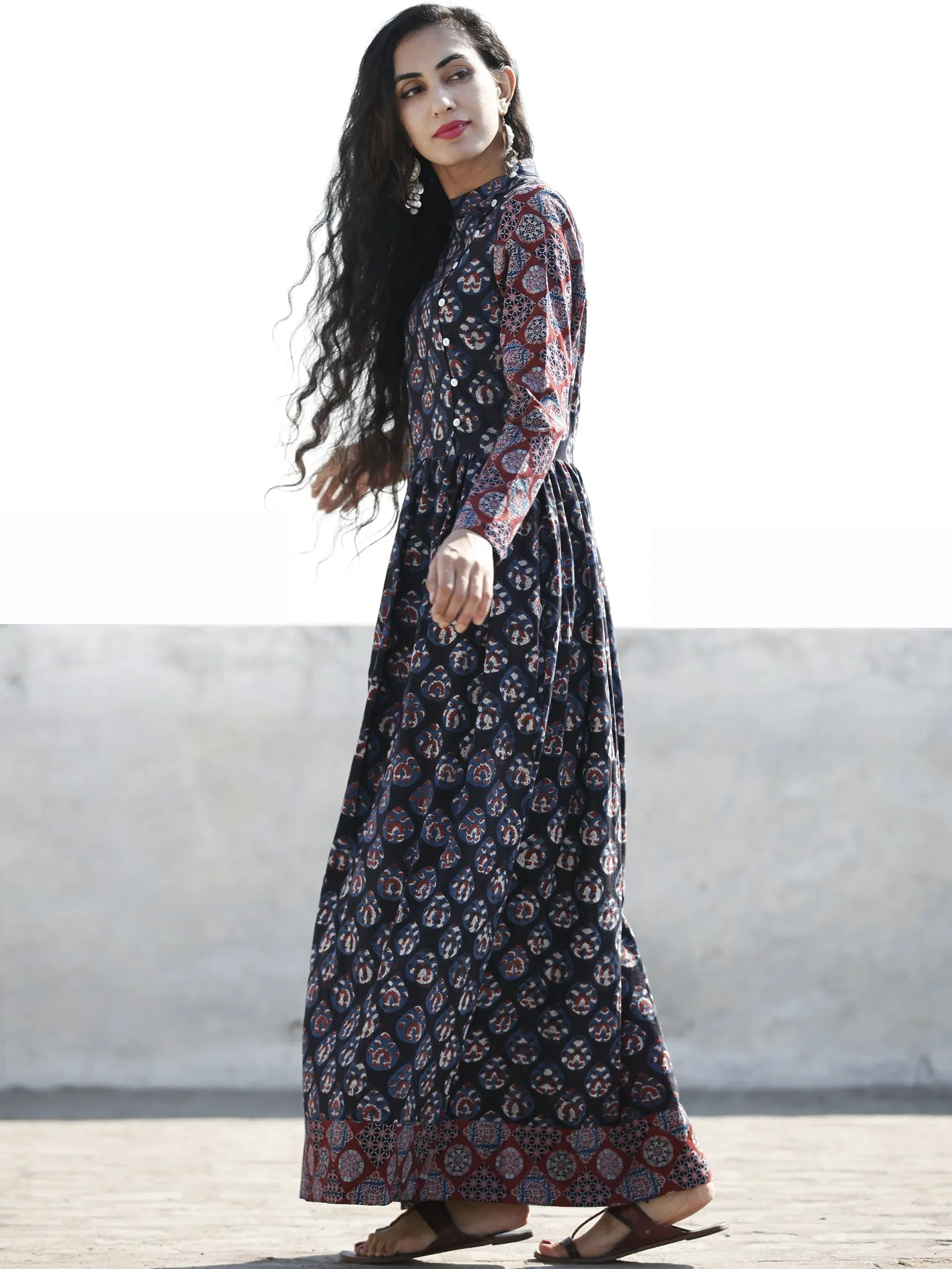 Indigo Plum Hand Block Printed Cotton Long Dress With Stand Collar - D194F1222