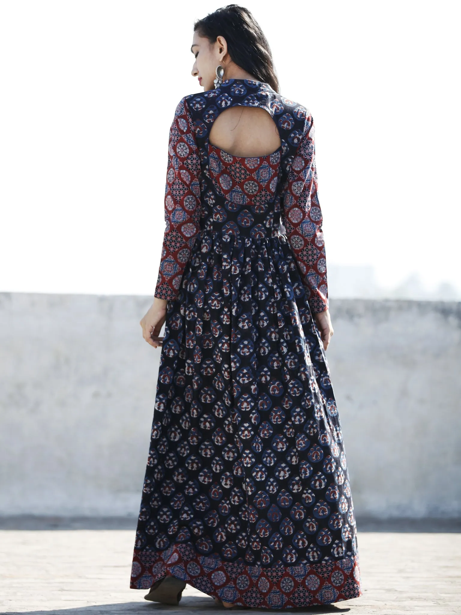 Indigo Plum Hand Block Printed Cotton Long Dress With Stand Collar - D194F1222