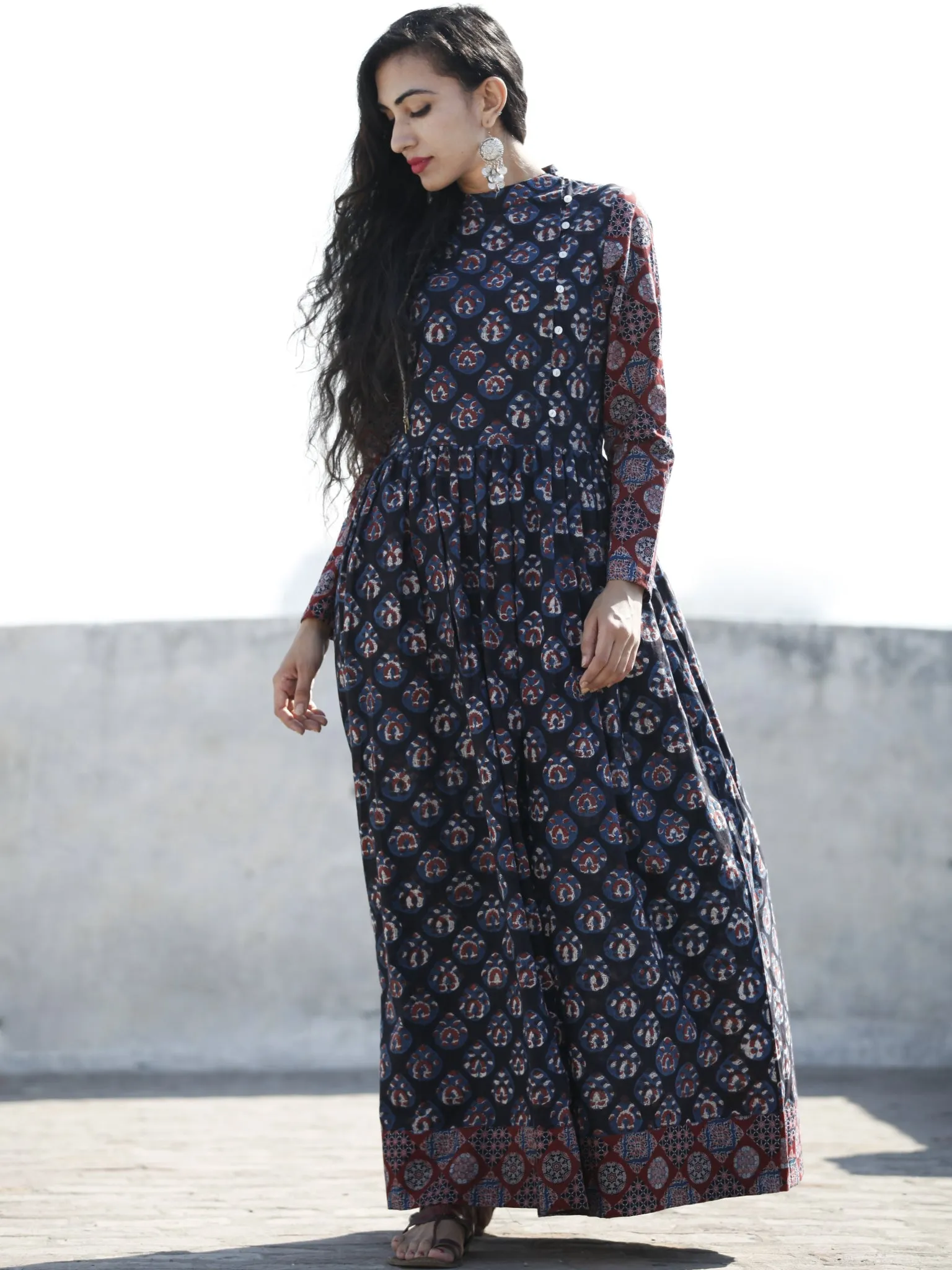 Indigo Plum Hand Block Printed Cotton Long Dress With Stand Collar - D194F1222
