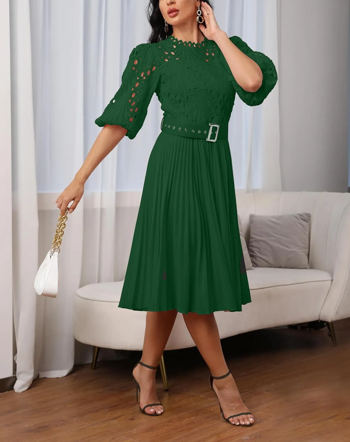 IWFEV Lace Pleated Dress Puff Sleeve Mid-Calf Short Sleeve Midi Dress Hollow Party Evening Dress