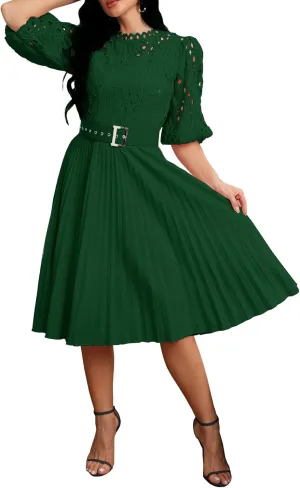 IWFEV Lace Pleated Dress Puff Sleeve Mid-Calf Short Sleeve Midi Dress Hollow Party Evening Dress