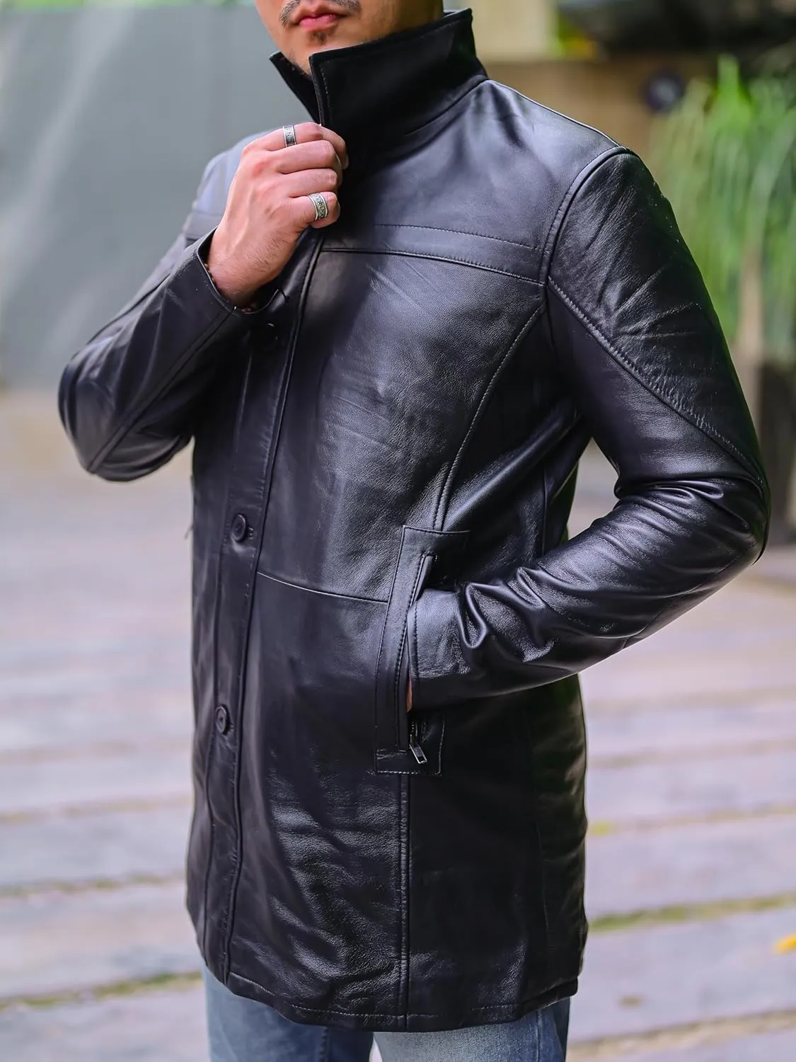 Jild Leather Trench Coat Men - 3/4 Length Casual Car Coat Style Lambskin Long Leather Jacket Men