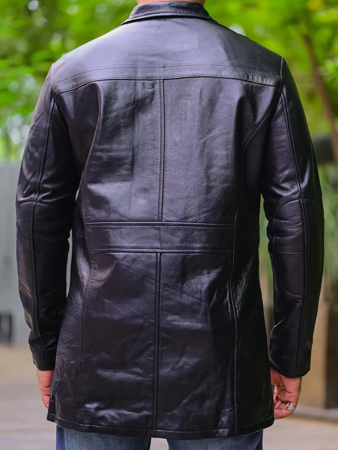 Jild Leather Trench Coat Men - 3/4 Length Casual Car Coat Style Lambskin Long Leather Jacket Men