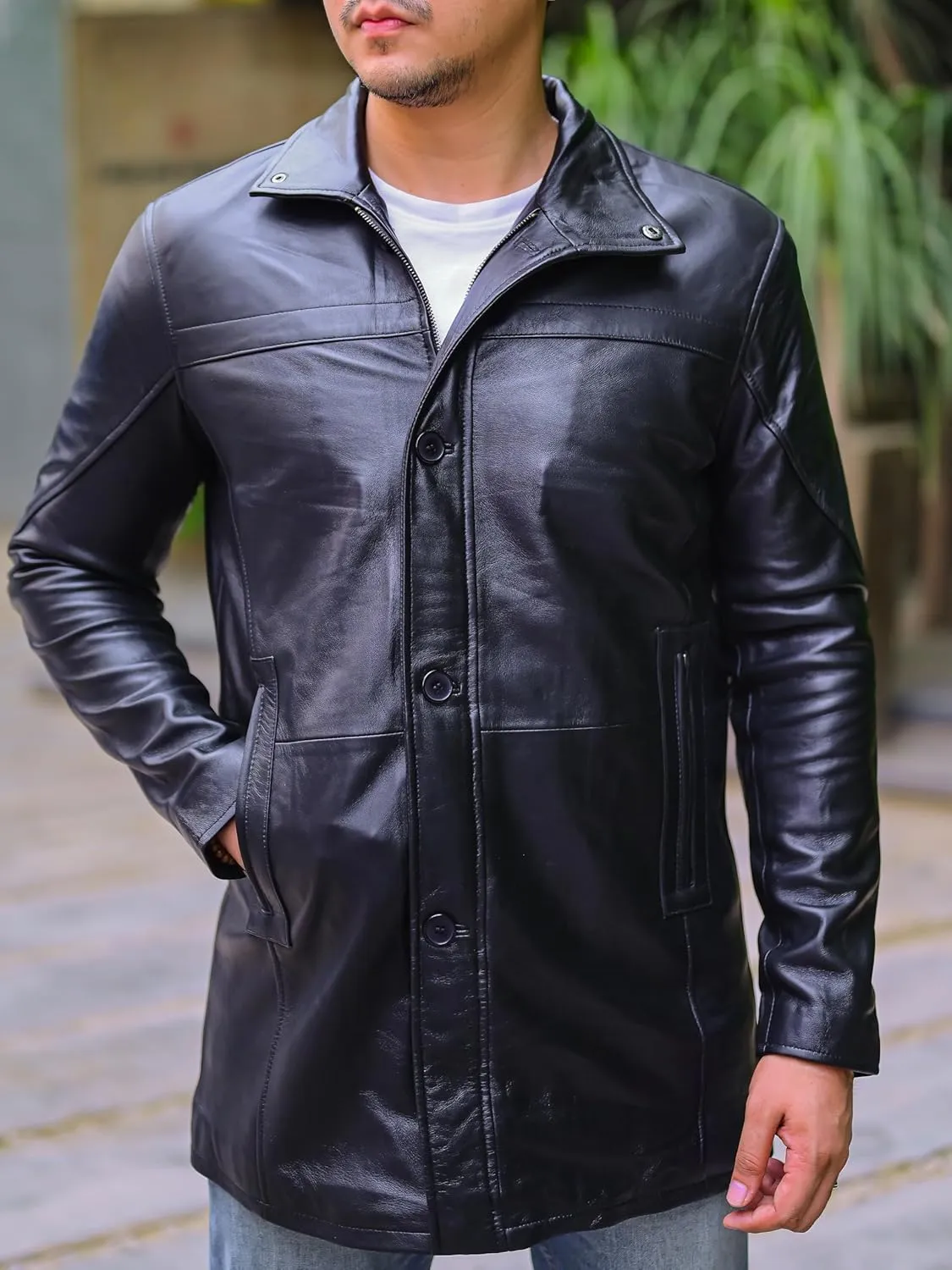 Jild Leather Trench Coat Men - 3/4 Length Casual Car Coat Style Lambskin Long Leather Jacket Men