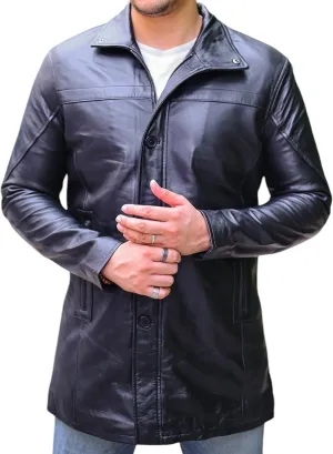 Jild Leather Trench Coat Men - 3/4 Length Casual Car Coat Style Lambskin Long Leather Jacket Men