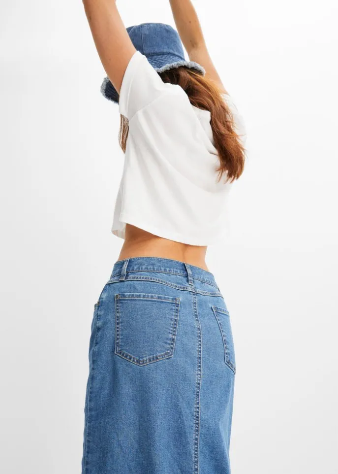 Long denim skirt with a slit in positive denim #1 Rainbow, blue