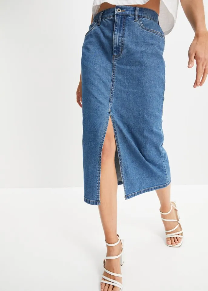 Long denim skirt with a slit in positive denim #1 Rainbow, blue