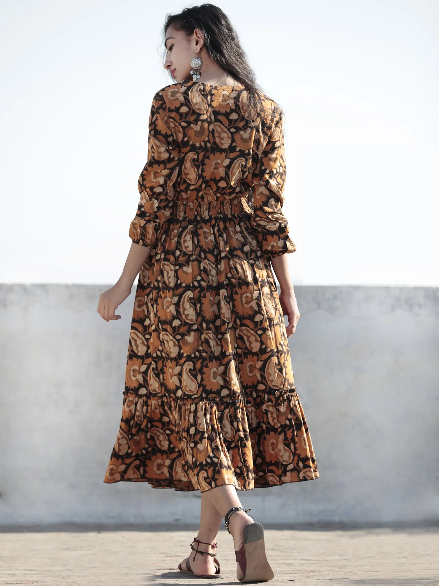Mustard Beige Black Hand Block Printed Cotton Dress With Elasticated Waist - D200F1001