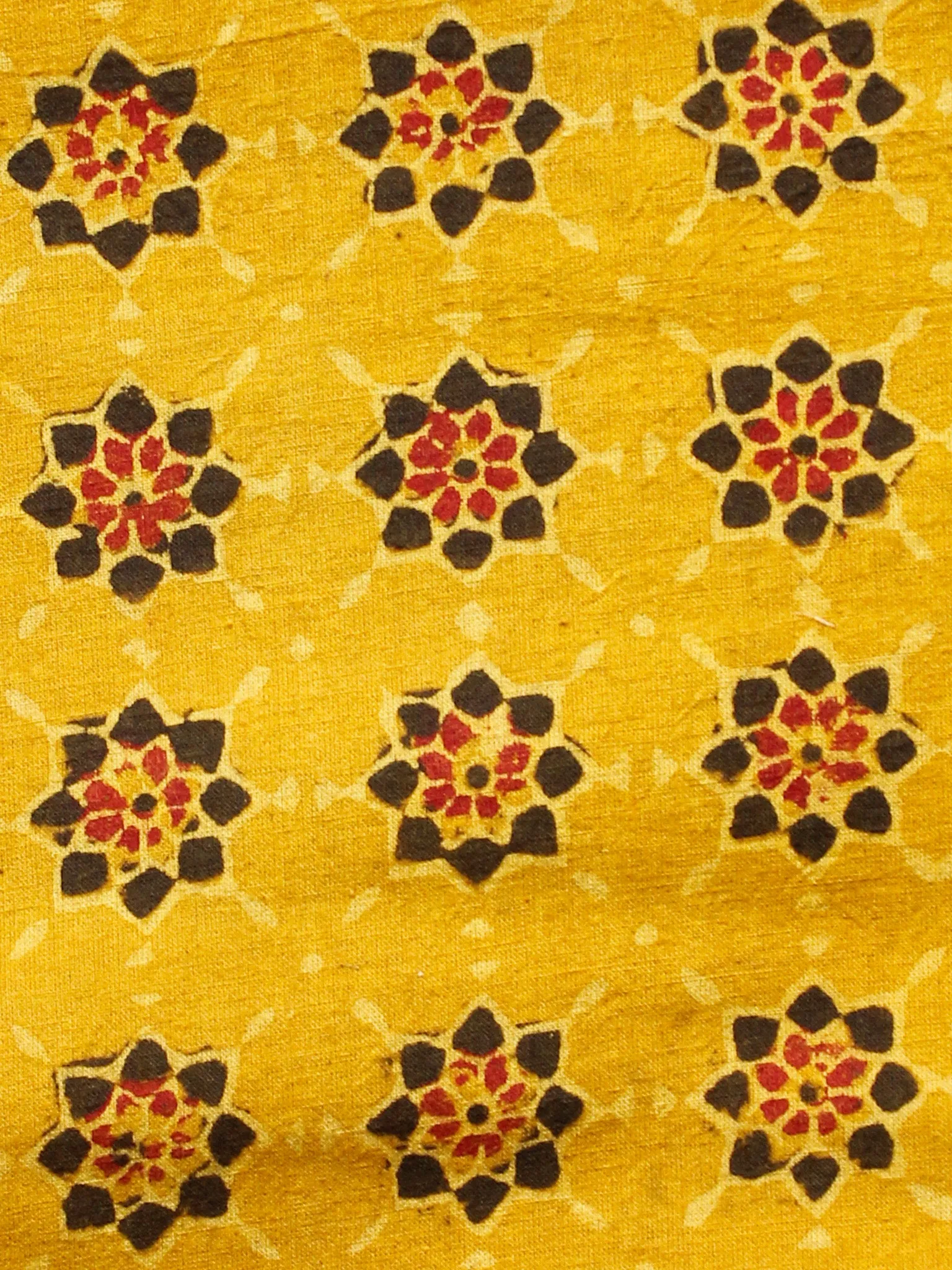 Mustard Red Black Ajrakh Hand Block Printed Cotton Fabric Per Meter - F003F1629