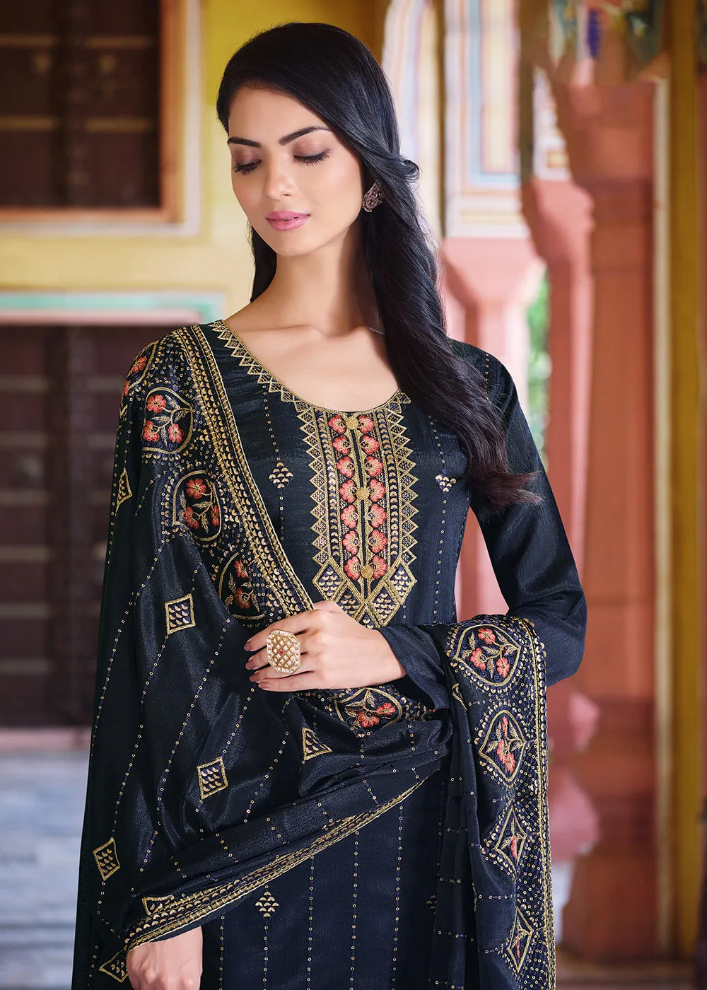 Navy Blue Pakistani Pant Style Chinnon Salwar Suit