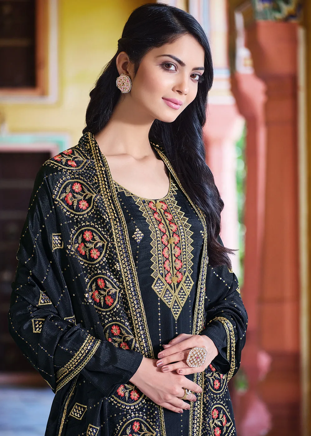 Navy Blue Pakistani Pant Style Chinnon Salwar Suit