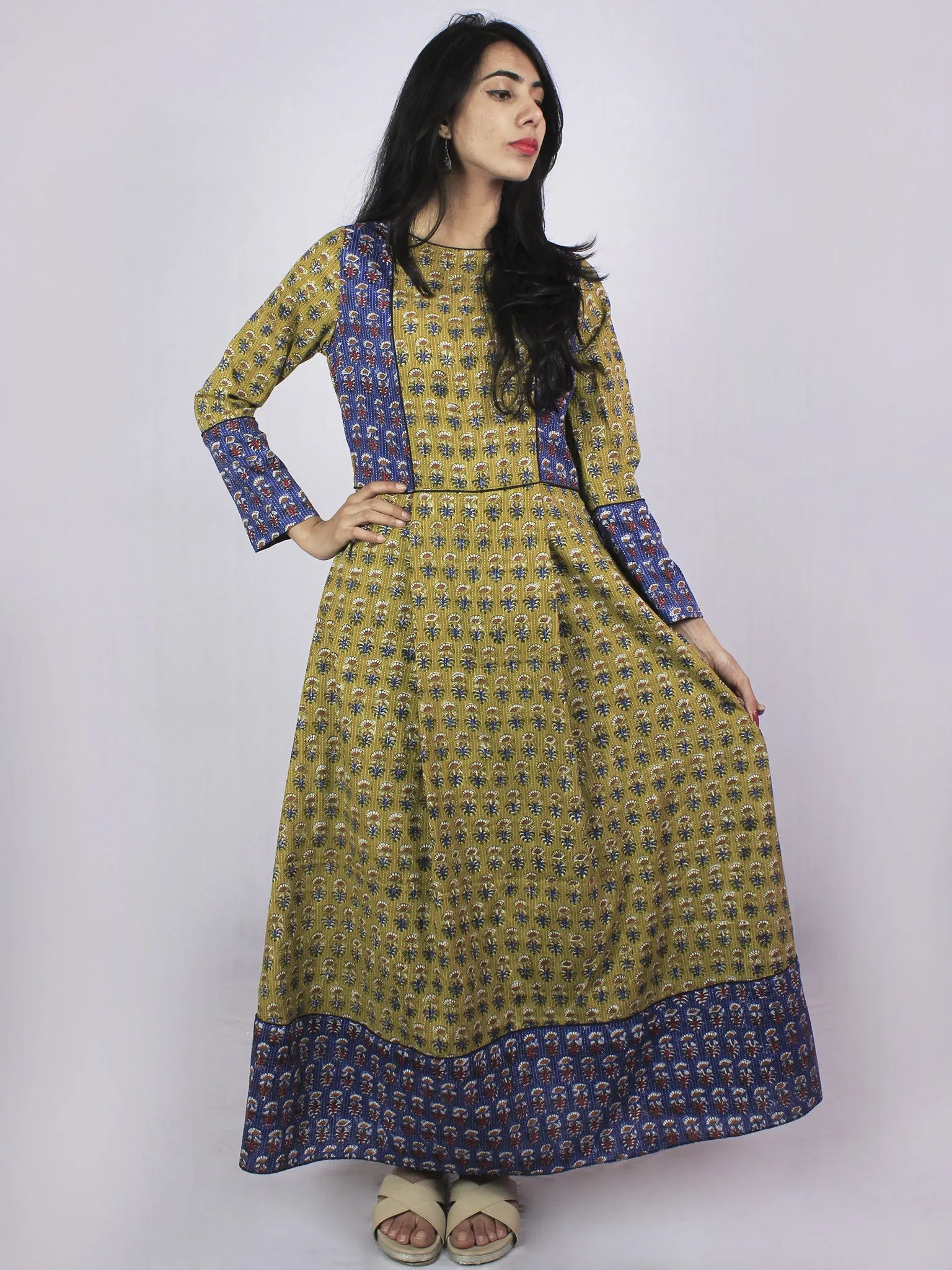 Olive Green Blue Red Ivory Hand Block Printed Kantha Stitched Long Cotton Dress With Box Pleats & Side Pockets - D2556303