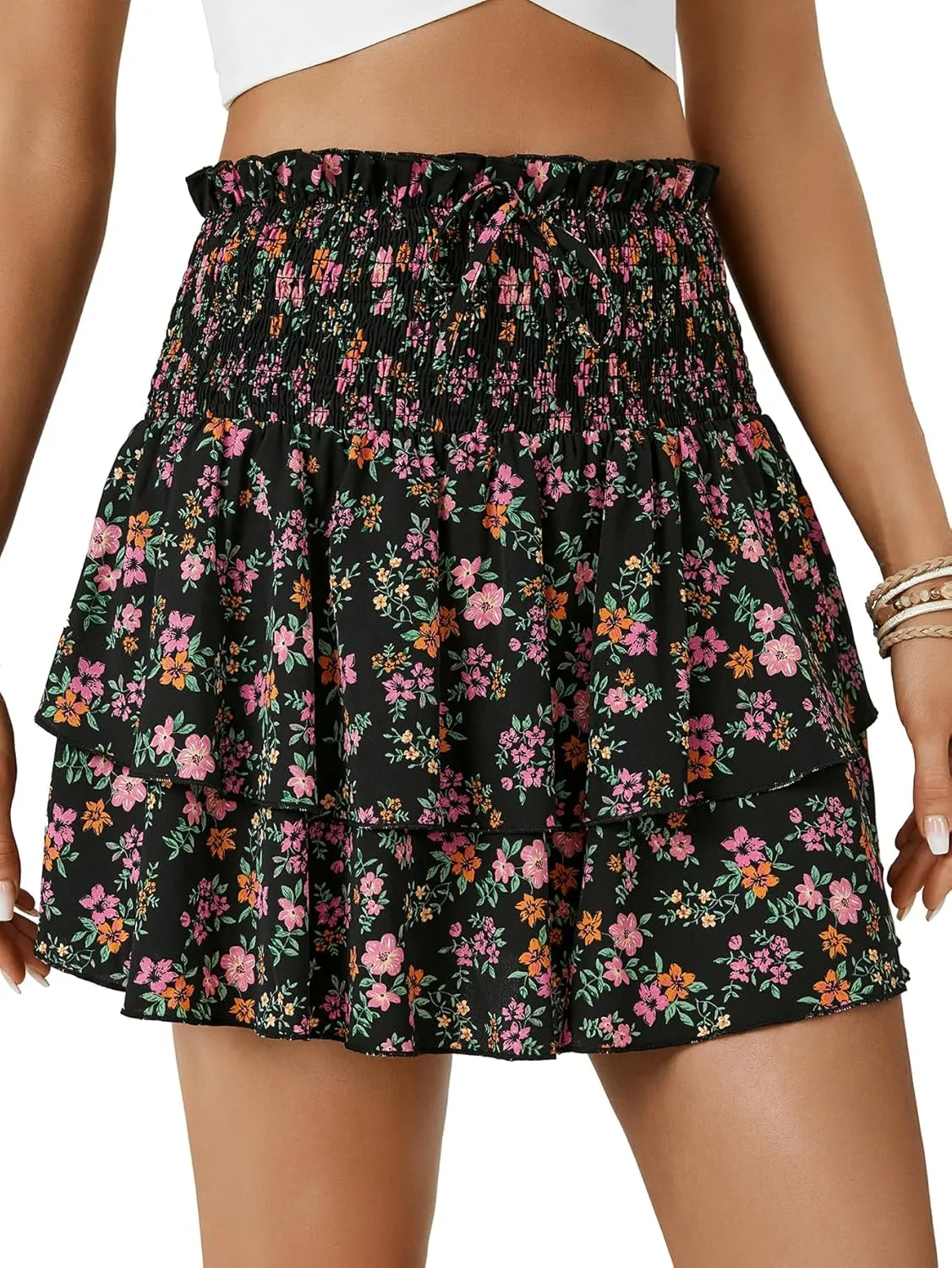 OPOIPIN Women's Floral Print High Waist Layered Ruffle Skirt Swing Beach Mini Skirt