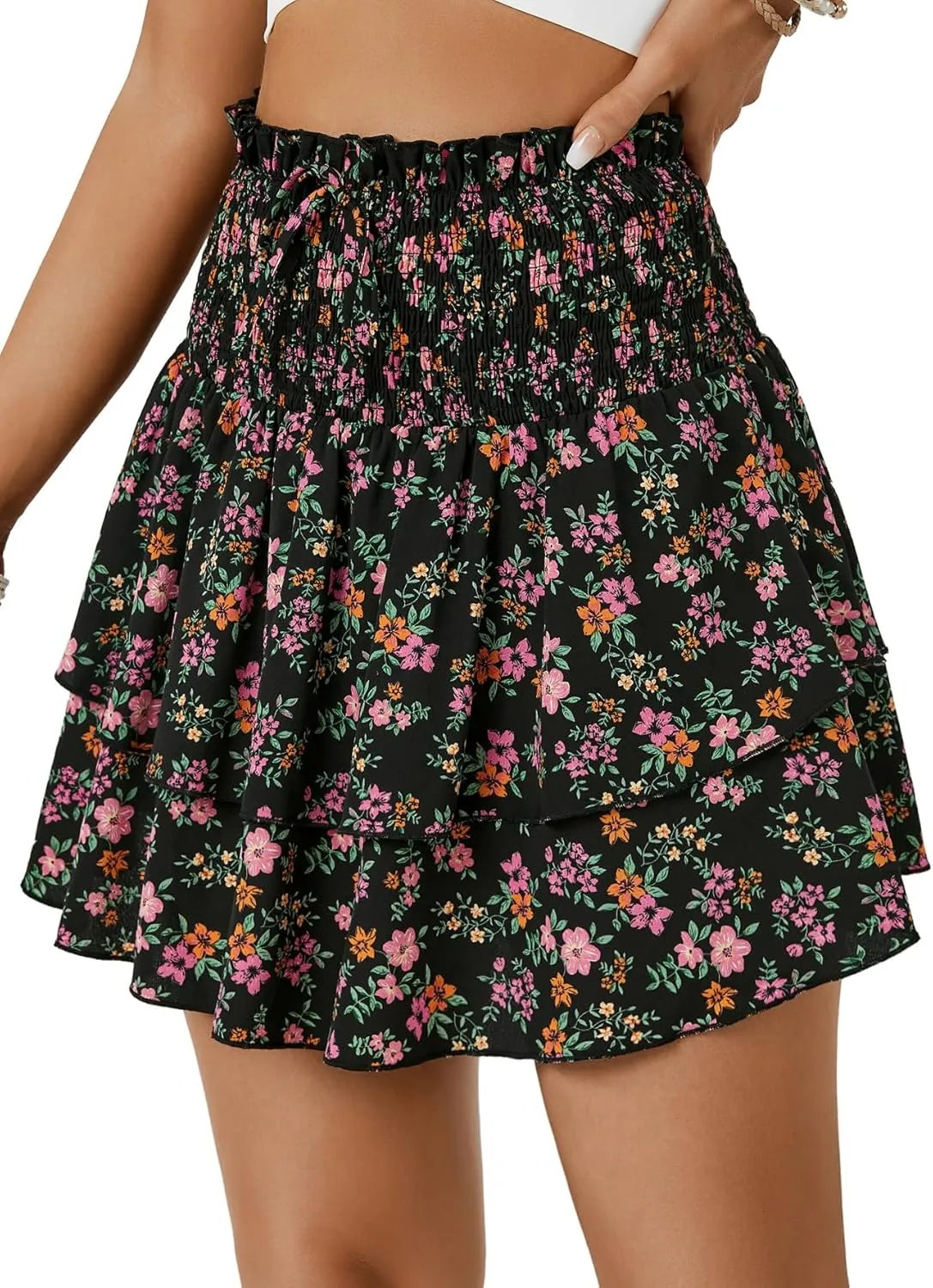OPOIPIN Women's Floral Print High Waist Layered Ruffle Skirt Swing Beach Mini Skirt