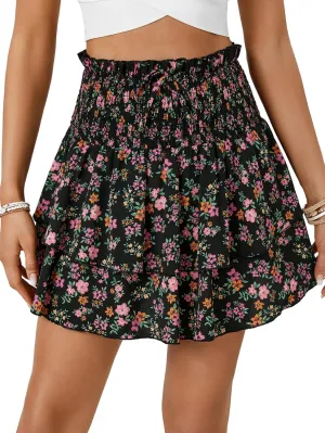 OPOIPIN Women's Floral Print High Waist Layered Ruffle Skirt Swing Beach Mini Skirt