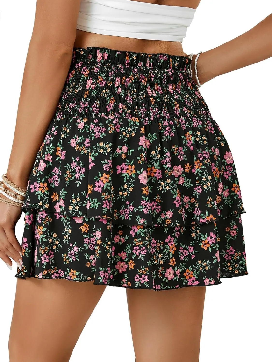 OPOIPIN Women's Floral Print High Waist Layered Ruffle Skirt Swing Beach Mini Skirt