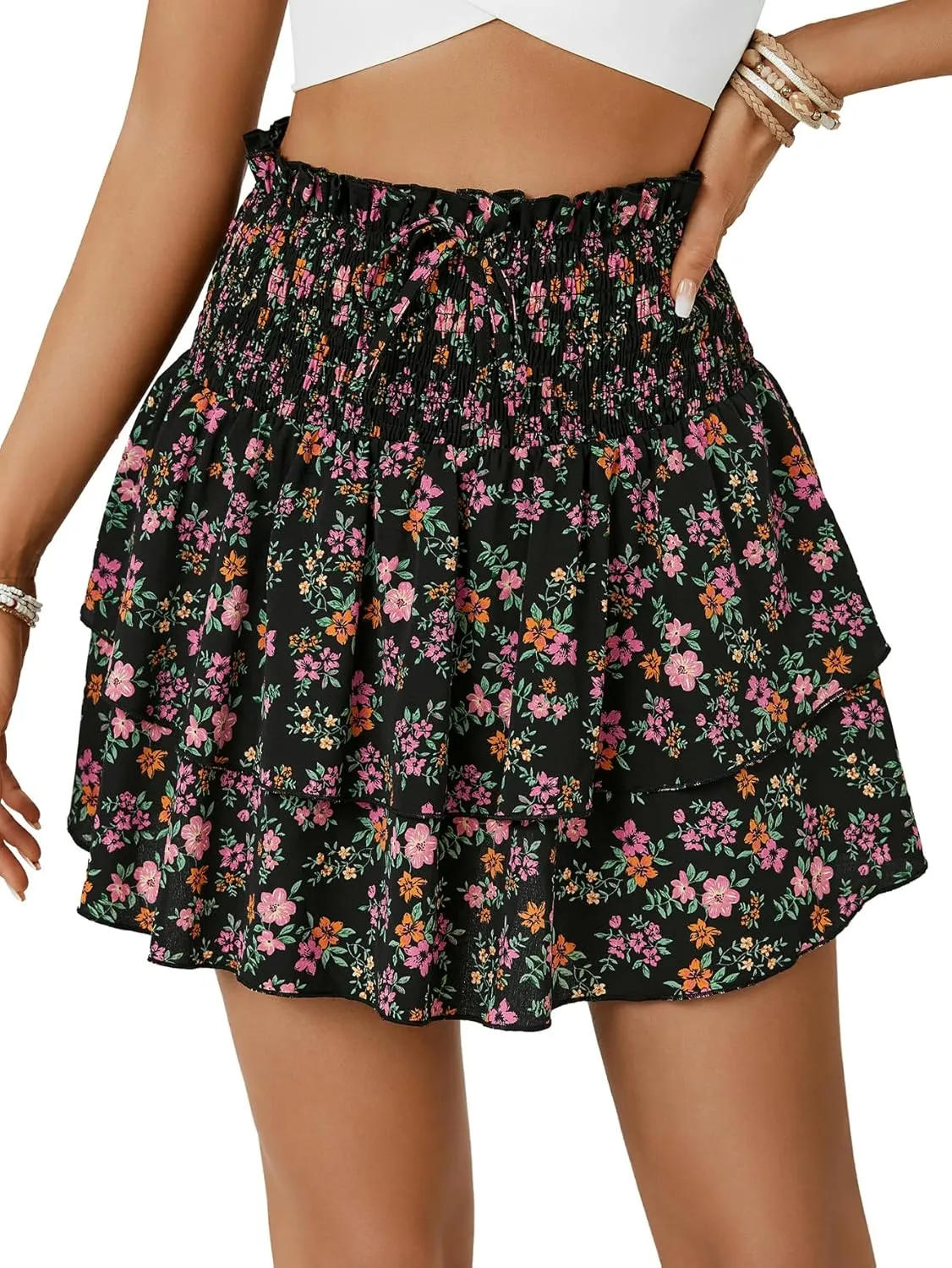 OPOIPIN Women's Floral Print High Waist Layered Ruffle Skirt Swing Beach Mini Skirt