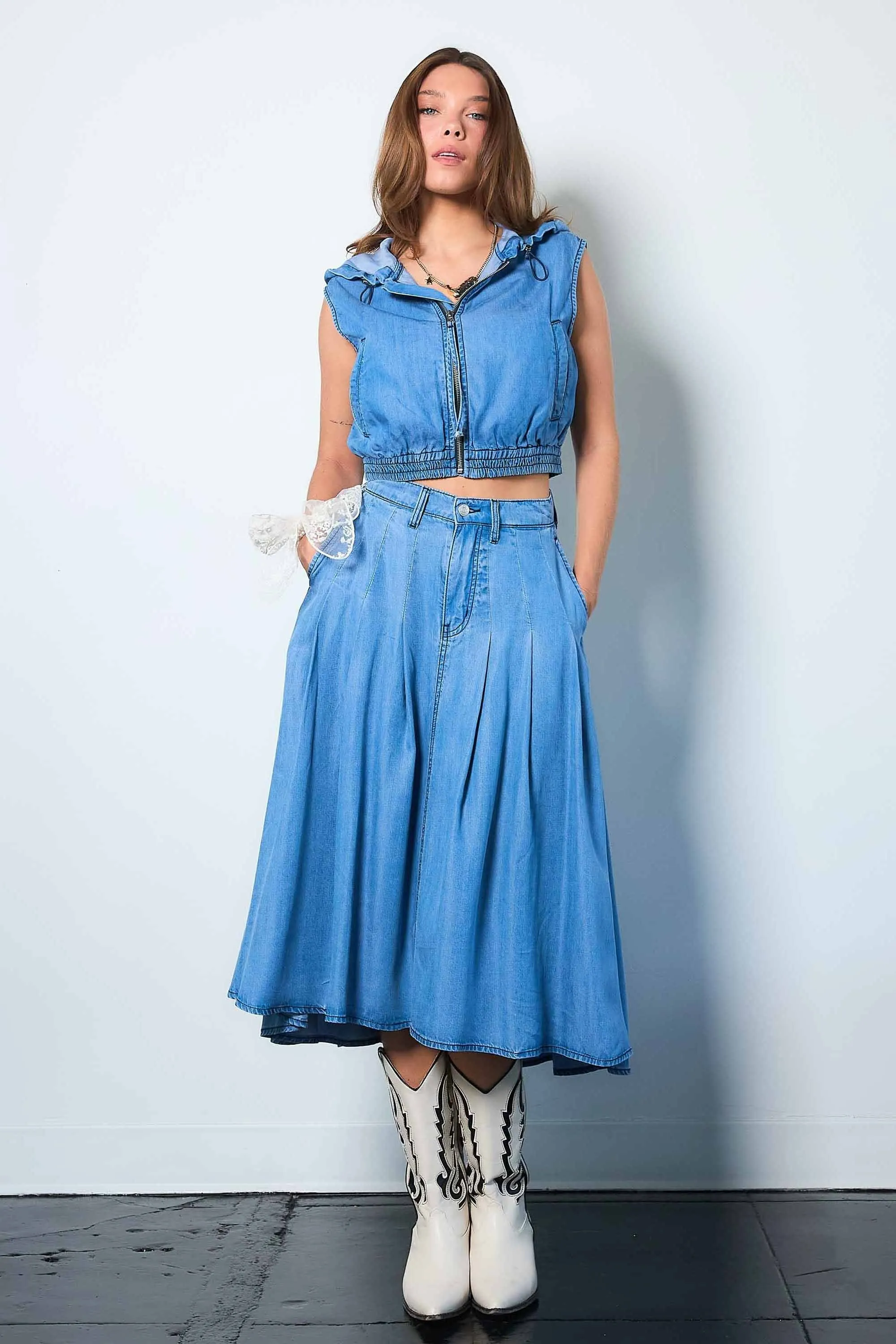 Pleated High-Low Tencel Skirt