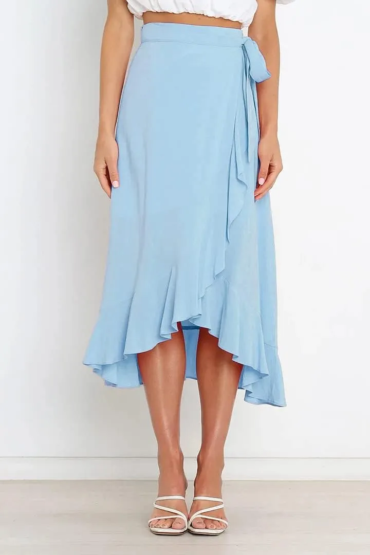 Plustrong Womens Wrap Skirt Tie Waist Ruffle Hem Asymmetrical Flowy Midi Skirts