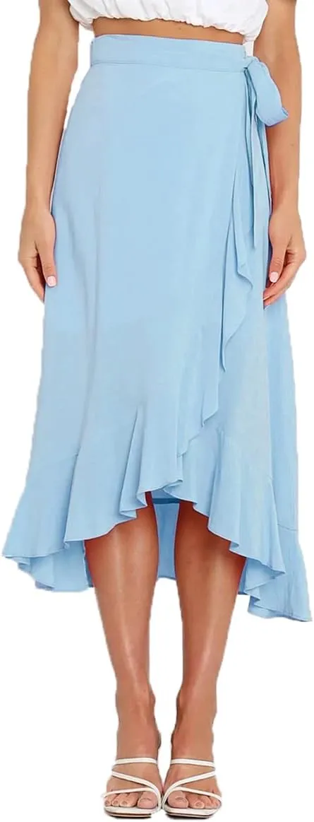 Plustrong Womens Wrap Skirt Tie Waist Ruffle Hem Asymmetrical Flowy Midi Skirts
