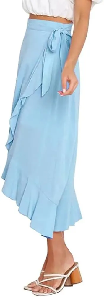 Plustrong Womens Wrap Skirt Tie Waist Ruffle Hem Asymmetrical Flowy Midi Skirts