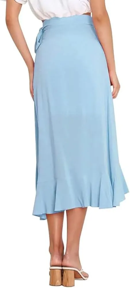 Plustrong Womens Wrap Skirt Tie Waist Ruffle Hem Asymmetrical Flowy Midi Skirts