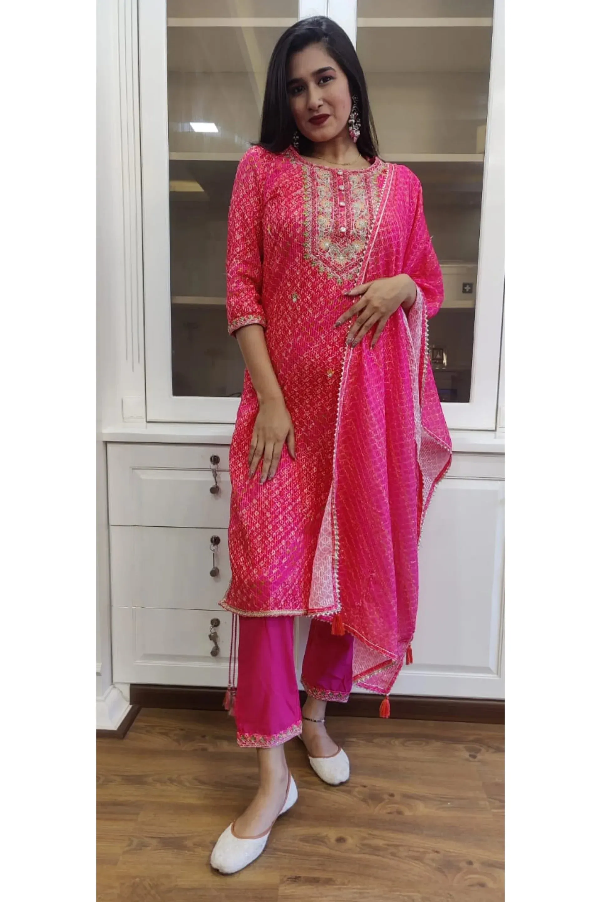 RFSS1148 - Chiffon Full Suit in Dark Pink with all over Embroidery. Comes with straight pants and Chiffon Dupatta