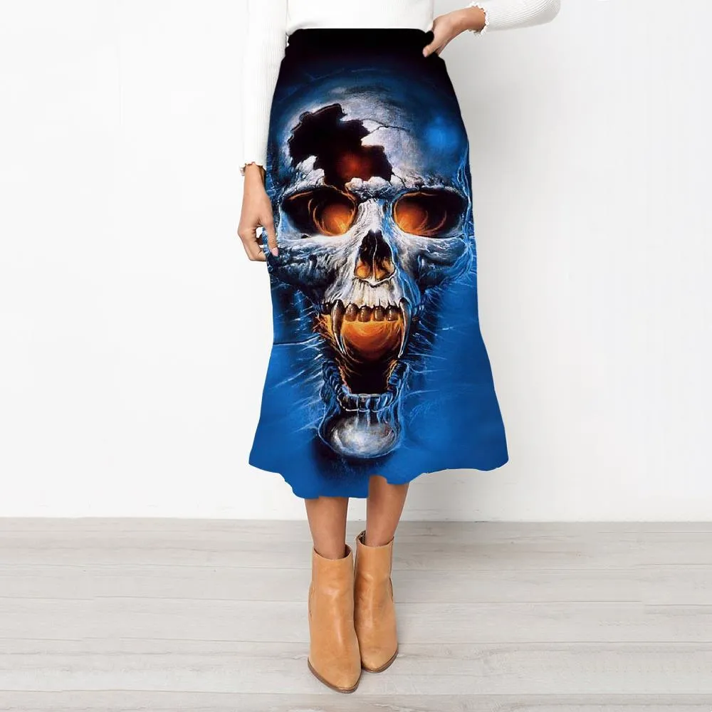 Skull Skirts Women Punk High waist skirts Blue School skirt Water Rock Frauen