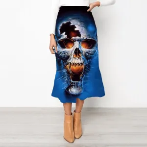 Skull Skirts Women Punk High waist skirts Blue School skirt Water Rock Frauen