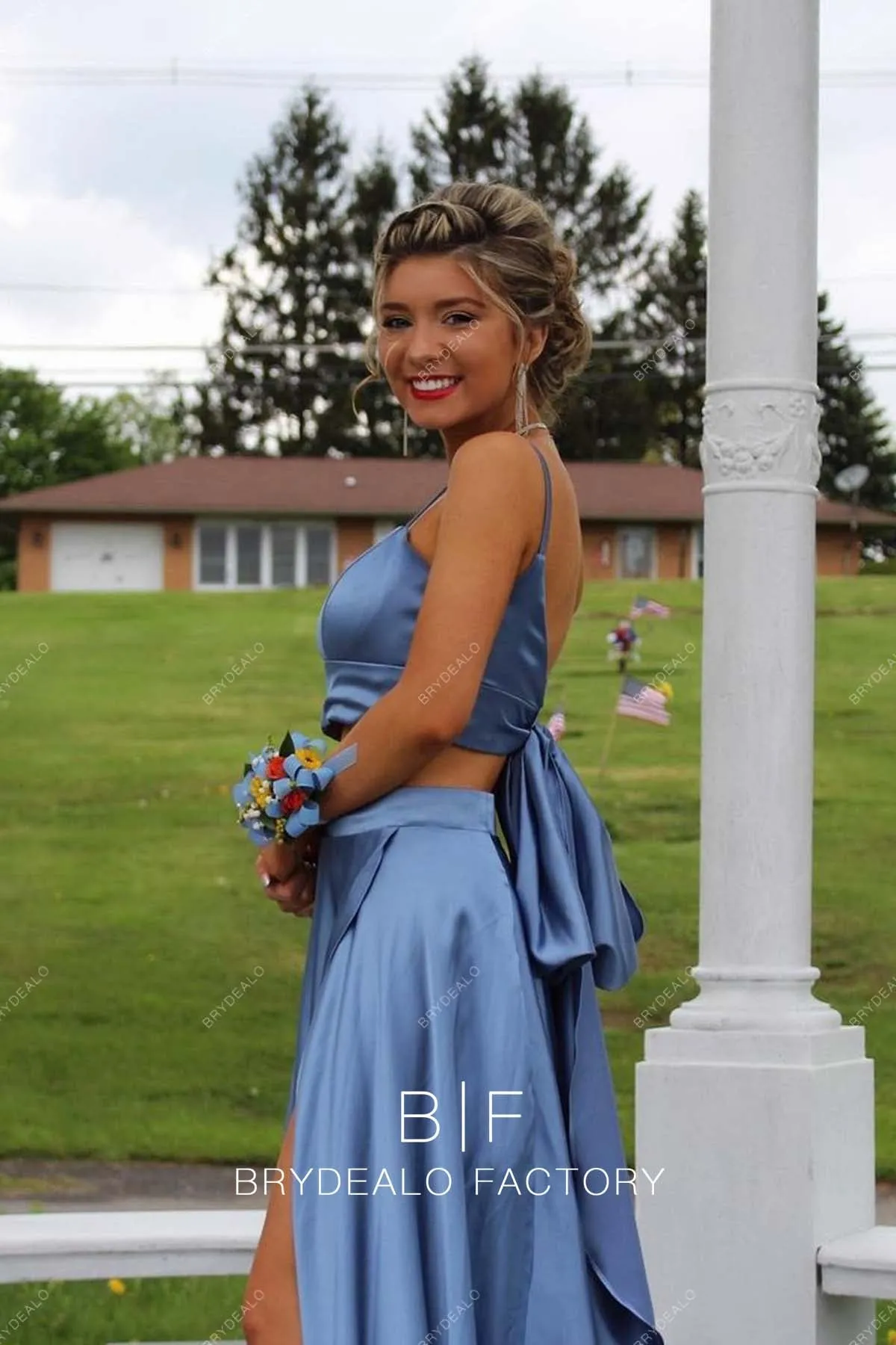 Slate Blue Two-piece Charmeuse Slit A-line Prom Dress