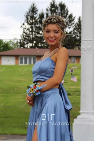 Slate Blue Two-piece Charmeuse Slit A-line Prom Dress